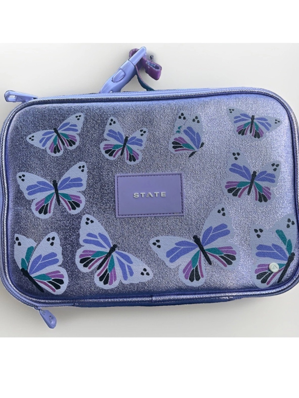 STATE Kane Kids Metallic Purple Lunchbox w/ Butterflies Excellent Condition